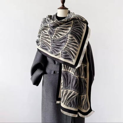 Luxury Women Floral Cashmere Touch Leaves Scarf - Warm Fringe Shawl