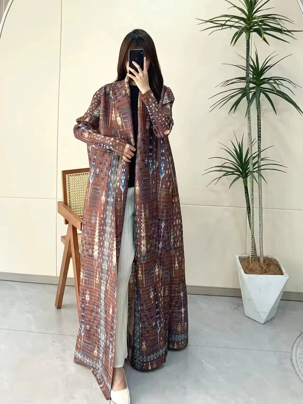Women Split Abaya Vintage Printed Design Lapel Long Sleeved Open Front Cardigan Loose Big Collar