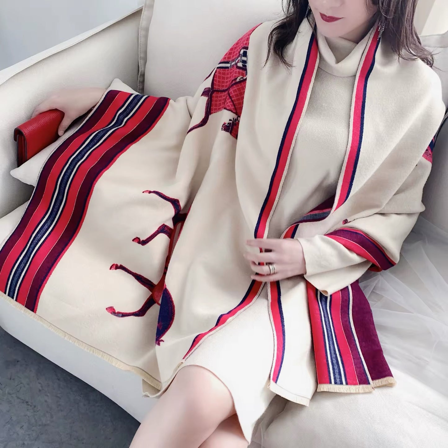 Luxury Women Limited Edition Horse Design Cashmere Touch Scarf - Warm Fringe Shawl