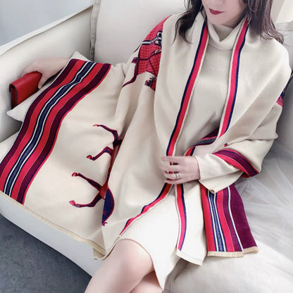 Luxury Women Limited Edition Horse Design Cashmere Touch Scarf - Warm Fringe Shawl