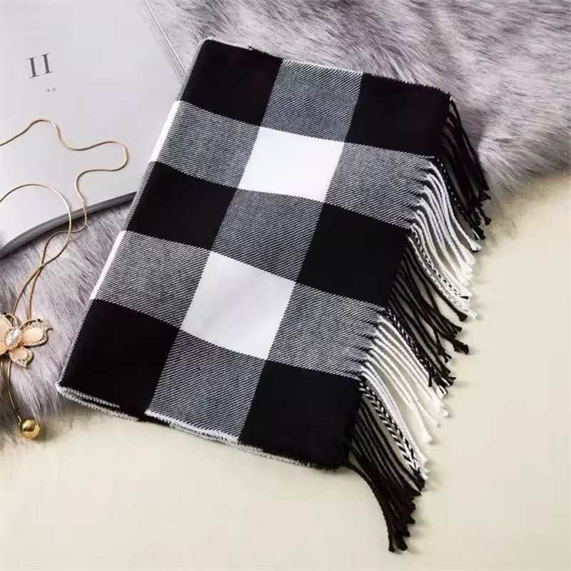 Men &  Women Checked Pattern Cashmere Touch Scarf - Warm Fringe Shawl