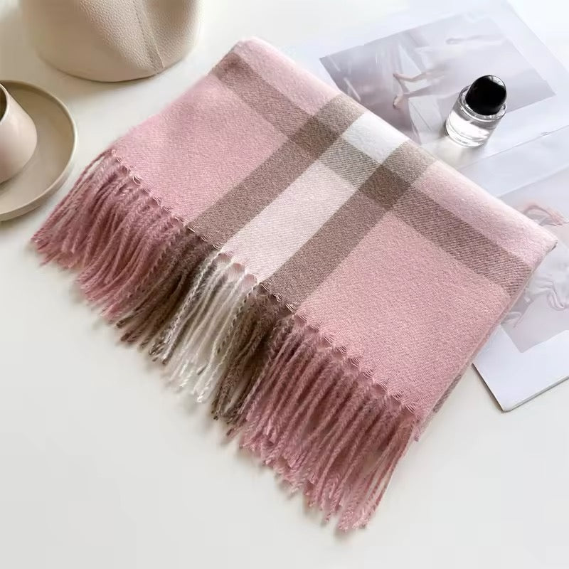 Men & Women Checked Pattern Cashmere Touch Scarf - Warm Fringe Shawl