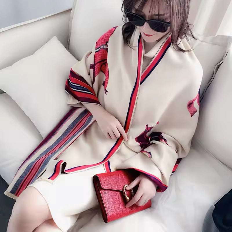 Luxury Women Limited Edition Horse Design Cashmere Touch Scarf - Warm Fringe Shawl