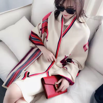 Luxury Women Limited Edition Horse Design Cashmere Touch Scarf - Warm Fringe Shawl