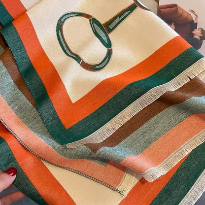 Luxury Women Limited Edition Horse Design Cashmere Touch Scarf - Warm Fringe Shawl