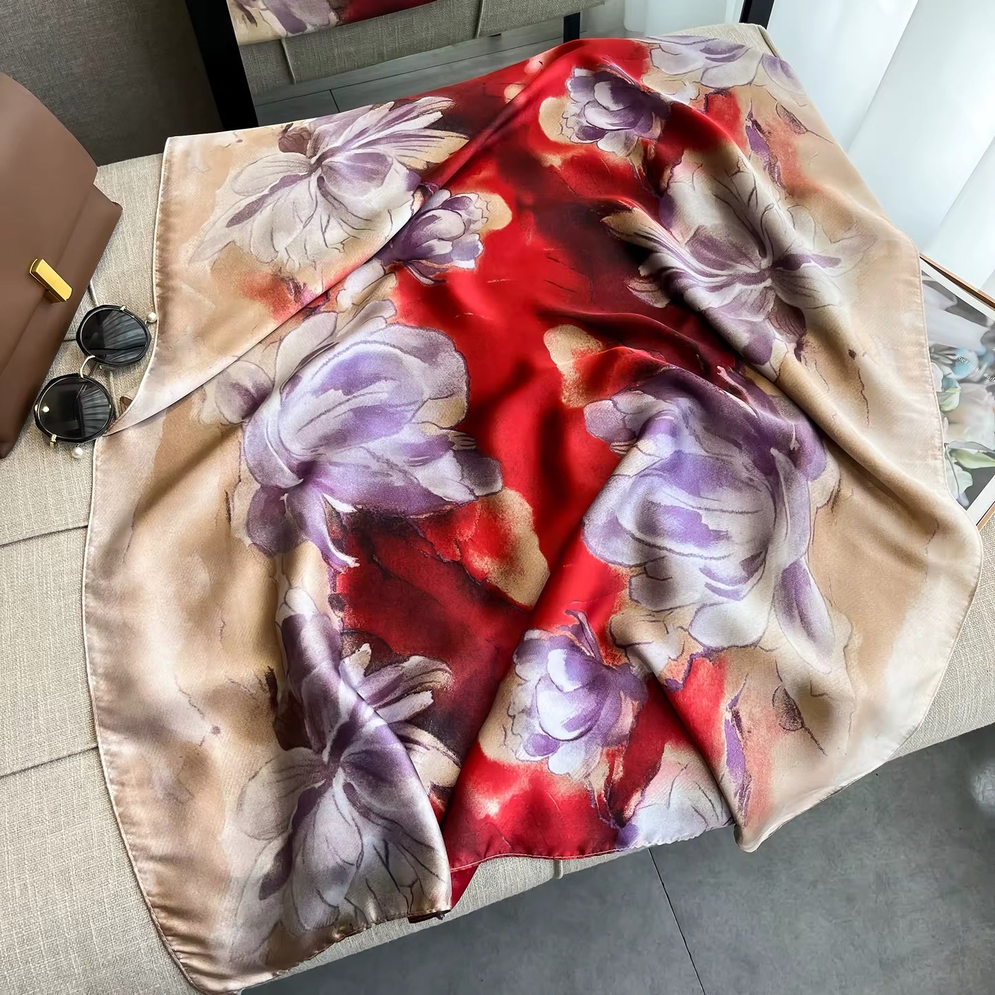 Satin Shawls Autumn Colour Print Luxury Silk Scarf Scarves Women Silk Satin