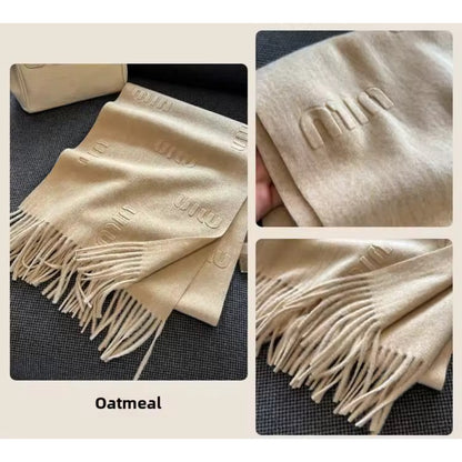 Women & Men Wool Scarf Embossed Simple Warm Muffler Cashmere Thick Fringed Shawl Women Woollen