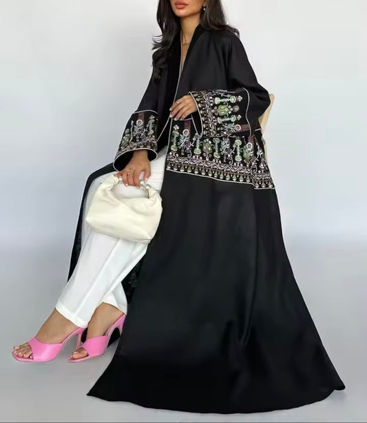 Women Split Abaya Long Open Front Embroidery Robe Kaftan Modest Cardigan
