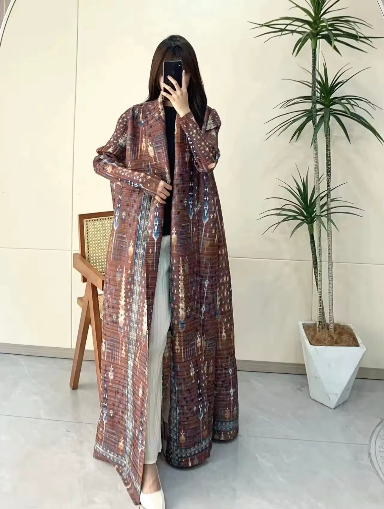 Women Split Abaya Vintage Printed Design Lapel Long Sleeved Open Front Cardigan Loose Big Collar