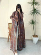 Women Split Abaya Vintage Printed Design Lapel Long Sleeved Open Front Cardigan Loose Big Collar