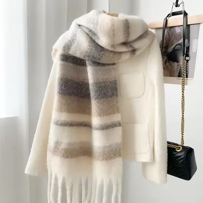 Women & Men Wool Scarf Winter High-End Autumn Winter Versatile Mohair Thickened Striped Meridian Shawl Women Woollen