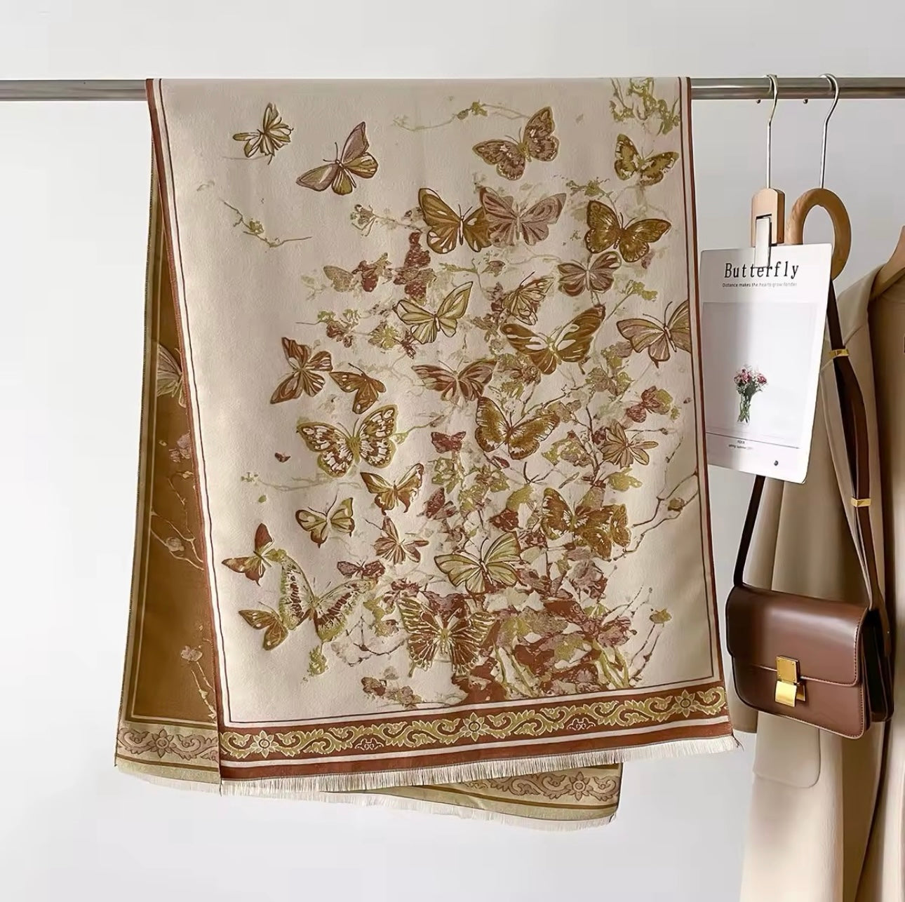 Luxury Women Floral Cashmere Touch Double Sided Butterfly Scarf - Warm Fringe Shawl