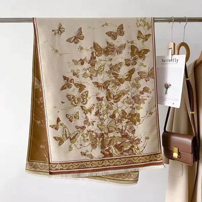 Luxury Women Floral Cashmere Touch Double Sided Butterfly Scarf - Warm Fringe Shawl