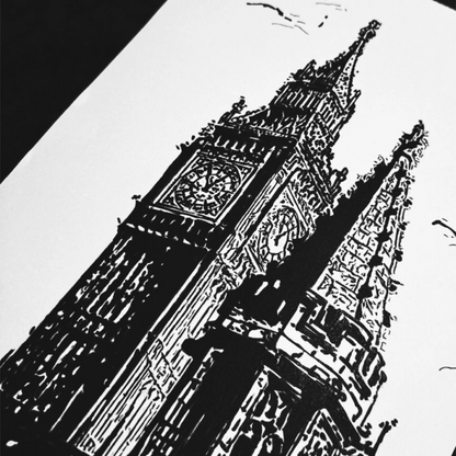 Hand Drawn Big Ben City Art on Cartridge Paper - No Frame (Size: A4 & A3)