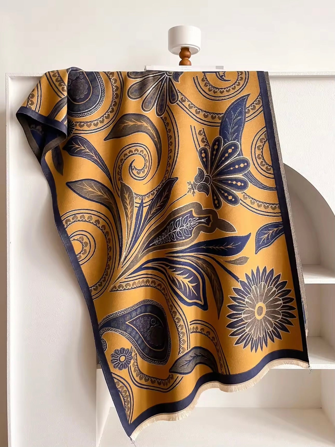 Luxury Women Floral Cashmere Touch Flower Scarf - Warm Fringe Shawl