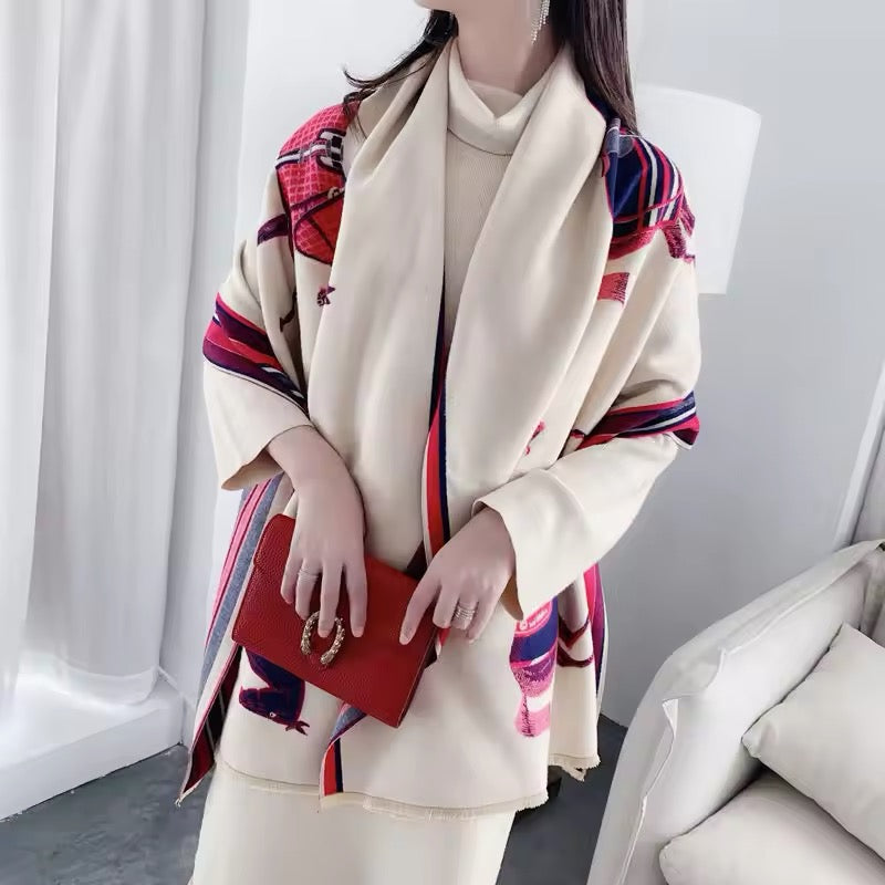 Luxury Women Limited Edition Horse Design Cashmere Touch Scarf - Warm Fringe Shawl