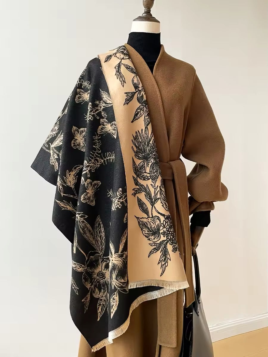 Luxury Women Floral Cashmere Touch Double Sided Flower Scarf - Warm Fringe Shawl