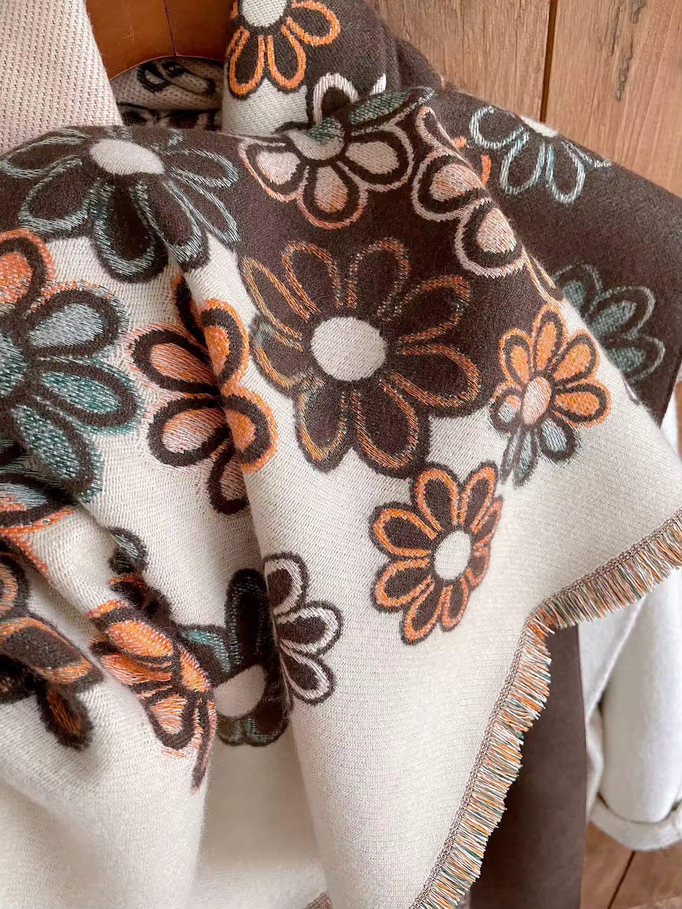 Luxury Women Floral Cashmere Touch Flower Scarf - Warm Fringe Shawl