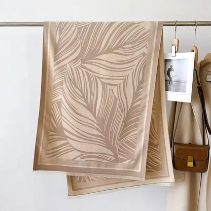 Luxury Women Floral Cashmere Touch Leaves Print Scarf - Warm Fringe Shawl