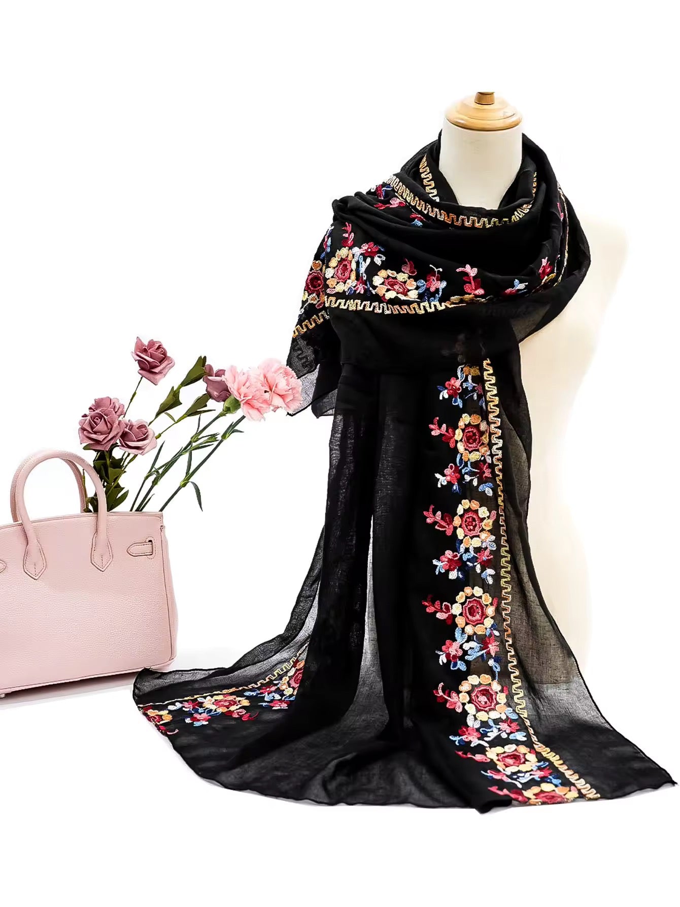 Women Embroidered Scarf Elegant and Versatile for Women Floral Shawl