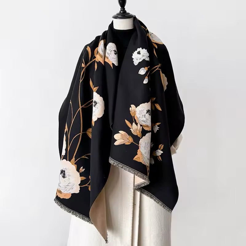 Luxury Women Floral Cashmere Touch Flower Scarf - Warm Fringe Shawl