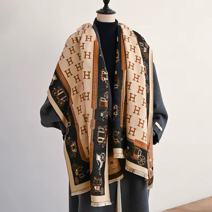 Luxury Women Limited Edition Horse Design Cashmere Touch Scarf - Warm Fringe Shawl