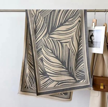 Luxury Women Floral Cashmere Touch Leaves Print Scarf - Warm Fringe Shawl