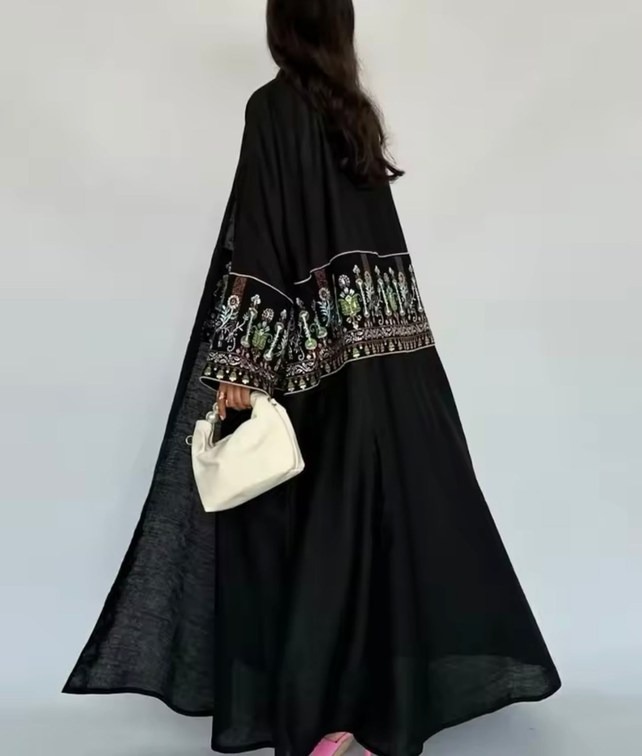 Women Split Abaya Long Open Front Embroidery Robe Kaftan Modest Cardigan