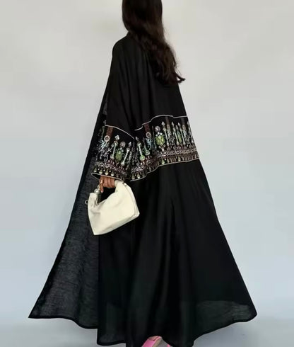 Women Split Abaya Long Open Front Embroidery Robe Kaftan Modest Cardigan