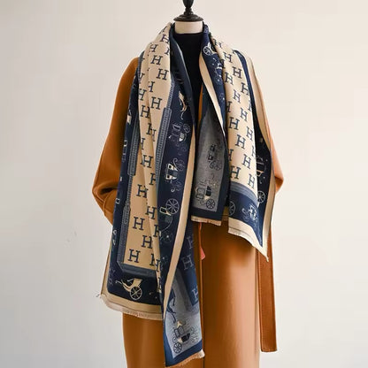 Luxury Women Limited Edition Horse Design Cashmere Touch Scarf - Warm Fringe Shawl