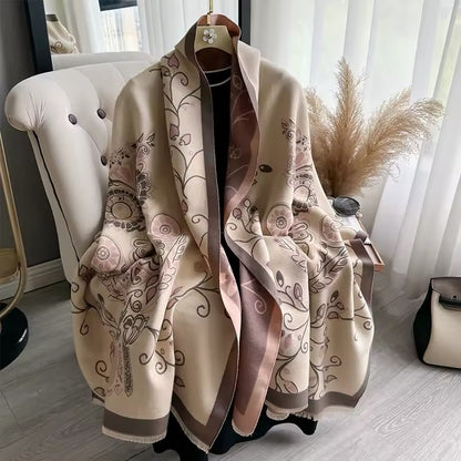 Luxury Women Floral Cashmere Touch Flower Scarf - Warm Fringe Shawl