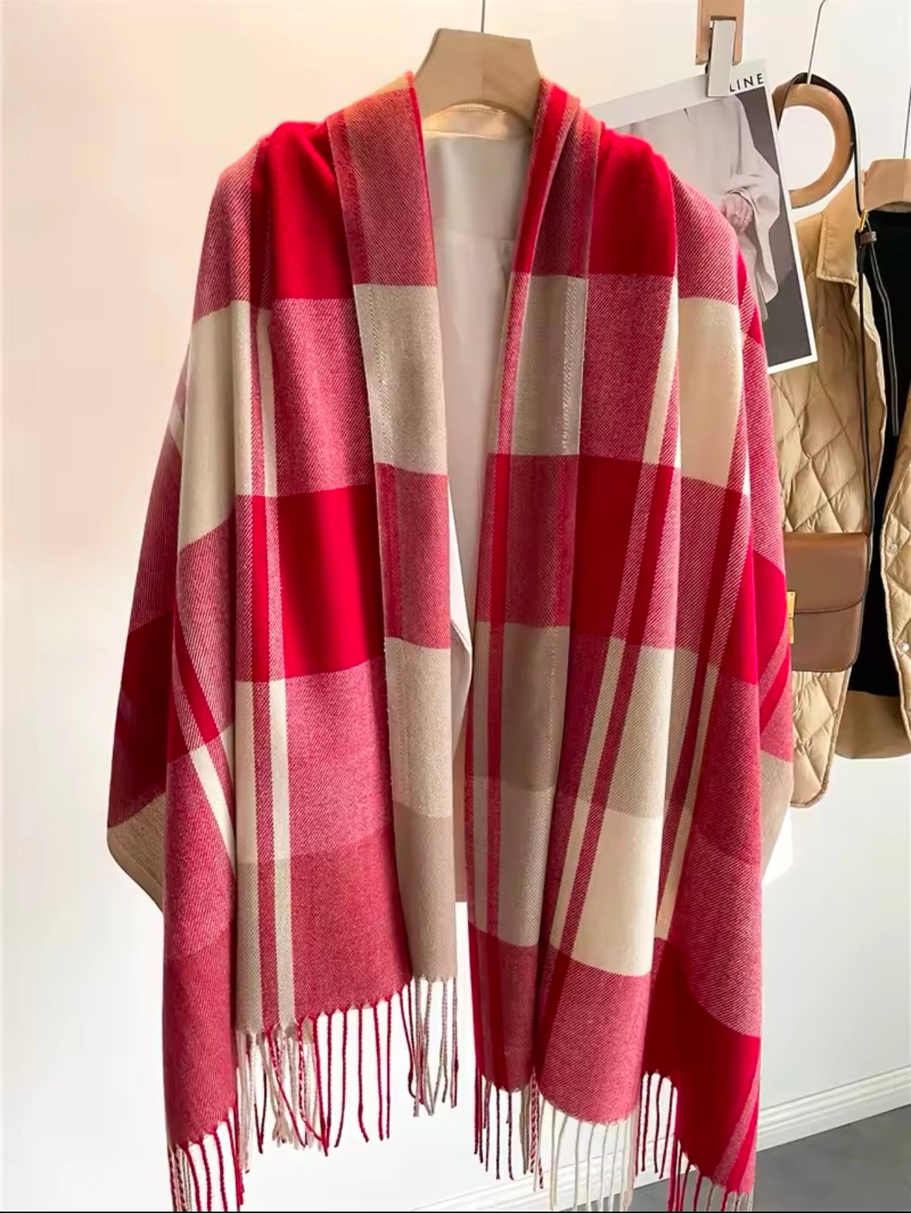 Men & Women Checked Pattern Cashmere Touch Scarf - Warm Fringe Shawl