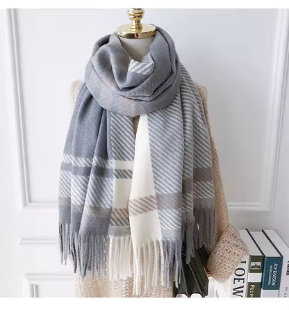 Men & Women Checked Pattern Cashmere Touch Scarf - Warm Fringe Shawl