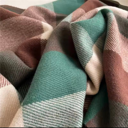 Men & Women Checked Pattern Cashmere Touch Scarf - Warm Fringe Shawl
