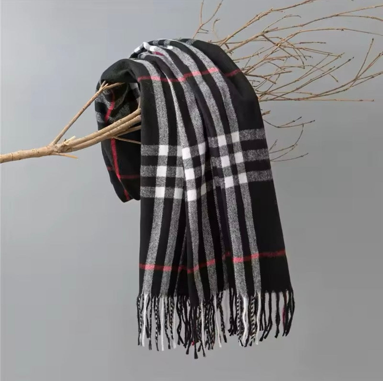 Men & Women Checked Pattern Cashmere Touch Scarf - Warm Fringe Shawl
