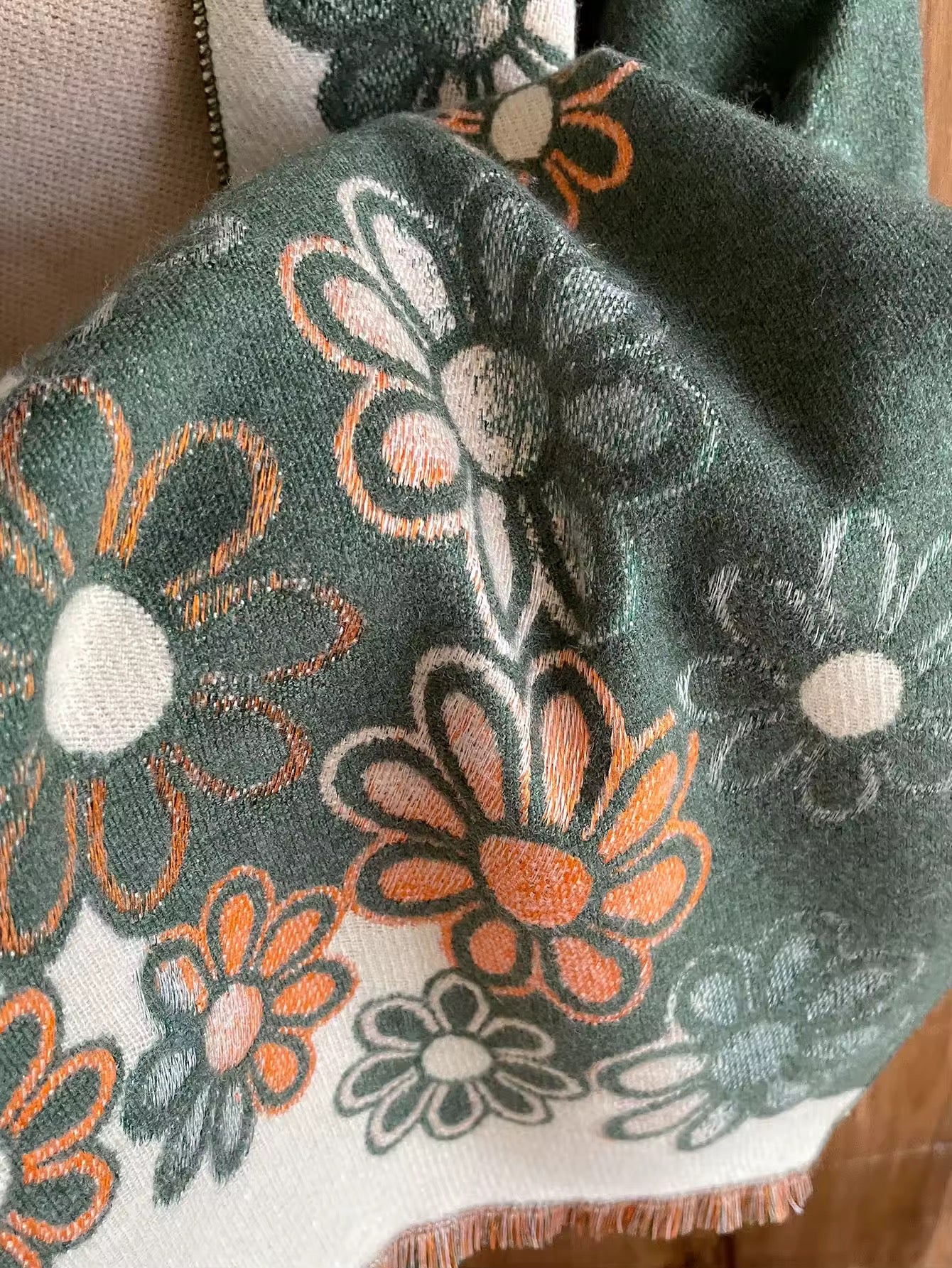 Luxury Women Floral Cashmere Touch Flower Scarf - Warm Fringe Shawl