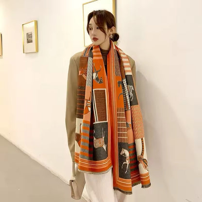 Luxury Women Limited Edition Horse Design Cashmere Touch Scarf - Warm Fringe Shawl