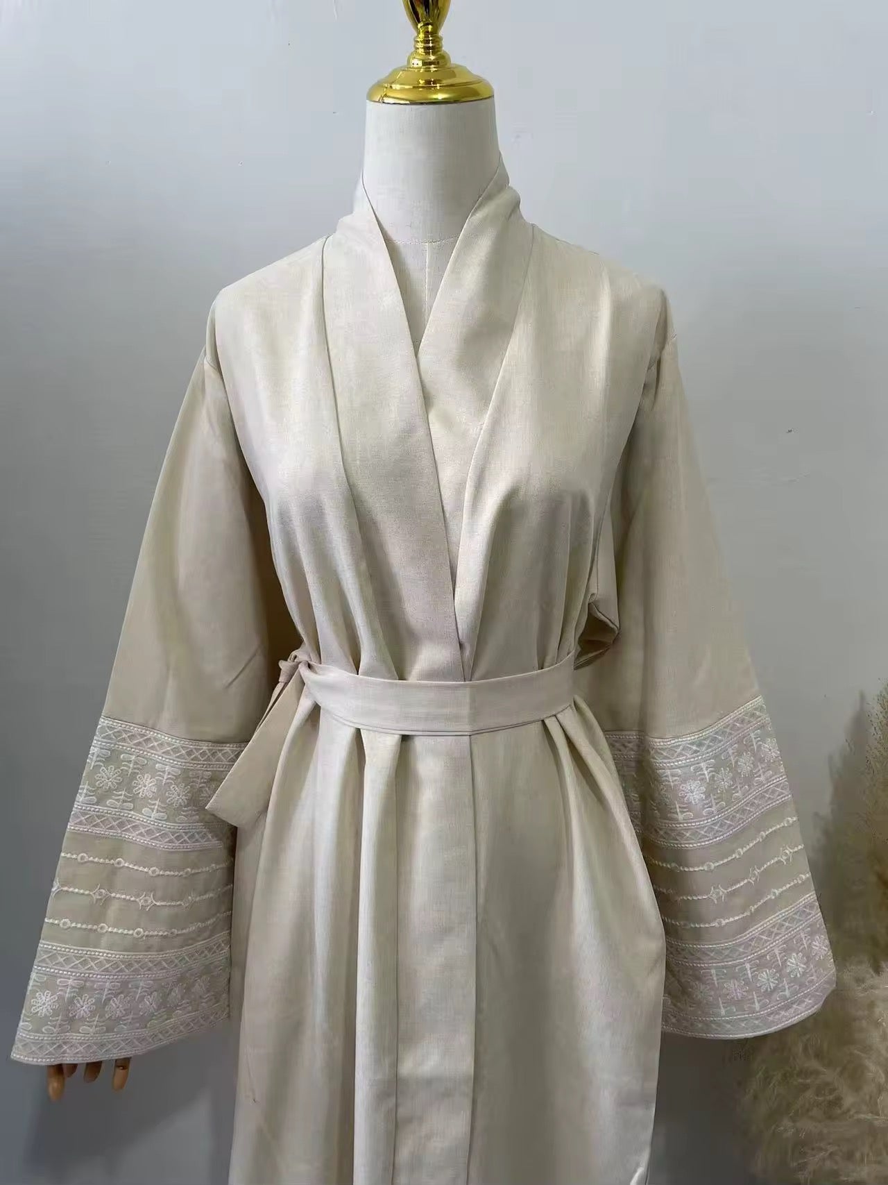 Women Split Abaya Fashion Embroidery Kimono Oversized Open Front Robe Syari Full Length Outerwear With Belt