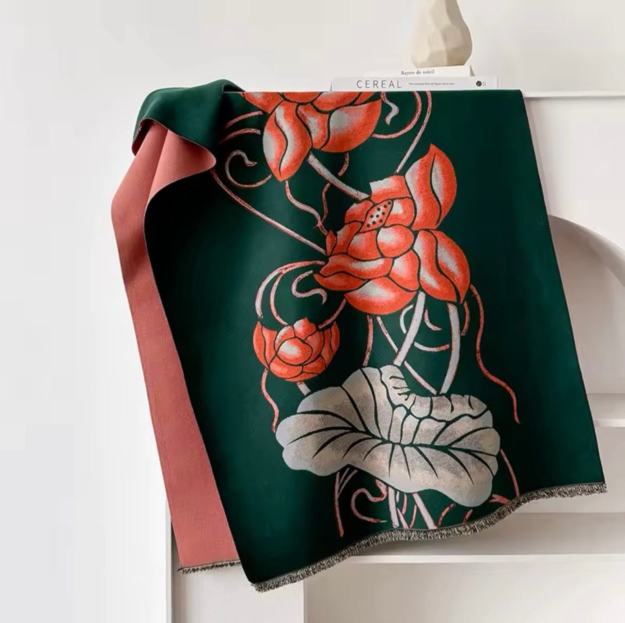 Luxury Women Floral Cashmere Touch Flower Scarf - Warm Fringe Shawl