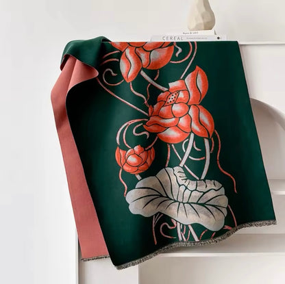 Luxury Women Floral Cashmere Touch Flower Scarf - Warm Fringe Shawl