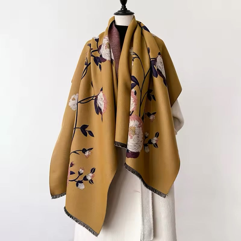 Luxury Women Floral Cashmere Touch Flower Scarf - Warm Fringe Shawl