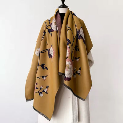 Luxury Women Floral Cashmere Touch Flower Scarf - Warm Fringe Shawl