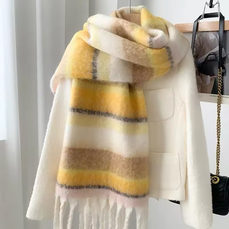 Women & Men Wool Scarf Winter High-End Autumn Winter Versatile Mohair Thickened Striped Meridian Shawl Women Woollen