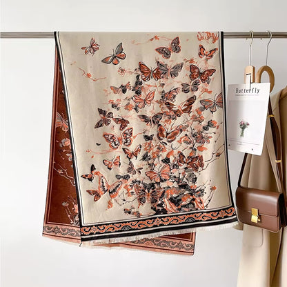 Luxury Women Floral Cashmere Touch Double Sided Butterfly Scarf - Warm Fringe Shawl