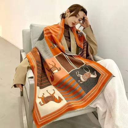 Luxury Women Limited Edition Horse Design Cashmere Touch Scarf - Warm Fringe Shawl