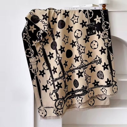 Luxury Women Floral Cashmere Touch Flower Scarf - Warm Fringe Shawl