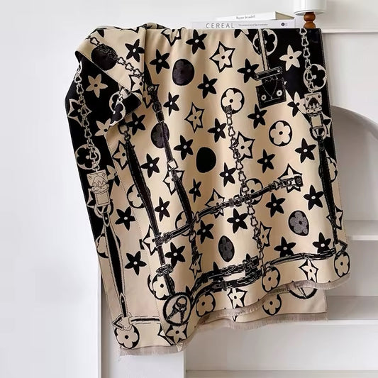 Luxury Women Floral Cashmere Touch Flower Scarf - Warm Fringe Shawl