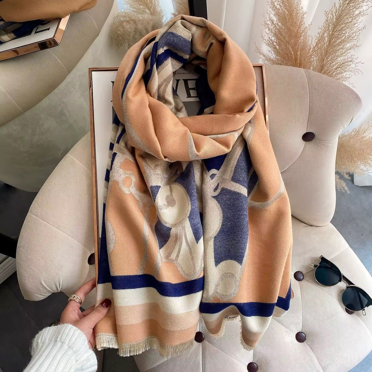 Luxury Women Limited Edition Horse Design Cashmere Touch Scarf - Warm Fringe Shawl