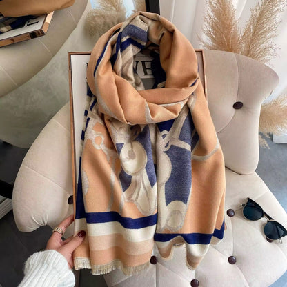 Luxury Women Limited Edition Horse Design Cashmere Touch Scarf - Warm Fringe Shawl