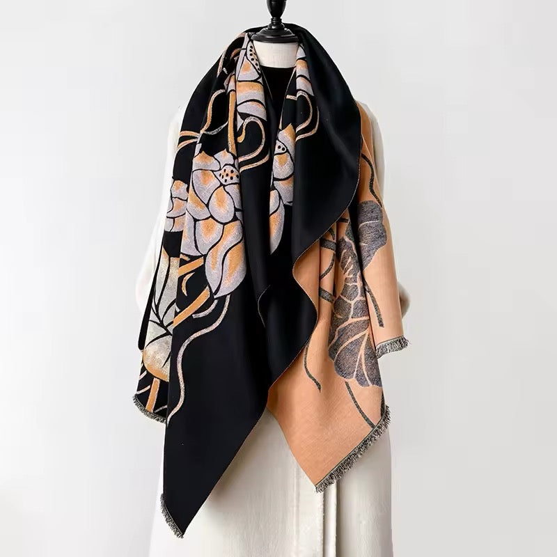 Luxury Women Floral Cashmere Touch Flower Scarf - Warm Fringe Shawl